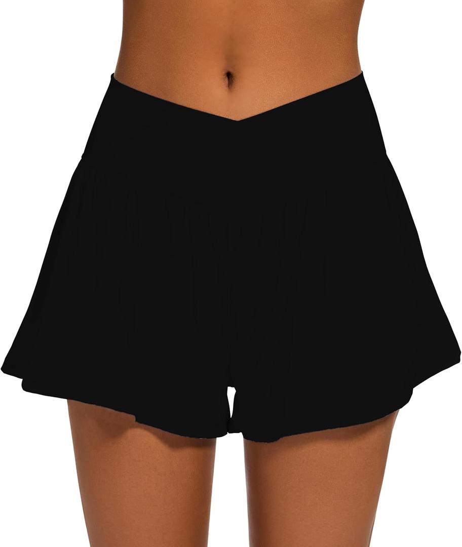 Womens Crossover Athletic Shorts Wide Waistband Flowy Tennis Sports Skorts with Pockets (Black, XL)