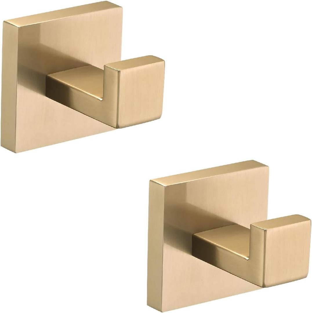 Towel Hook, Compatible with Champagne Bronze Bathroom Towel Hook, 304 Stainless Steel Wall Mounted Robe Hook for Kitchen Bathroom Hotel, Rustproof Modern Square Design, 2 Pack
