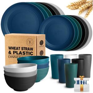 Teivio Kitchen Wheat Straw Dinnerware Set, Dinner Plates, Dessert Plate, Cereal Bowls, Cups, Unbreakable Plastic Outdoor Camping Dishes (Service for 6 (24 piece with flatware), Coastal Multicolor）