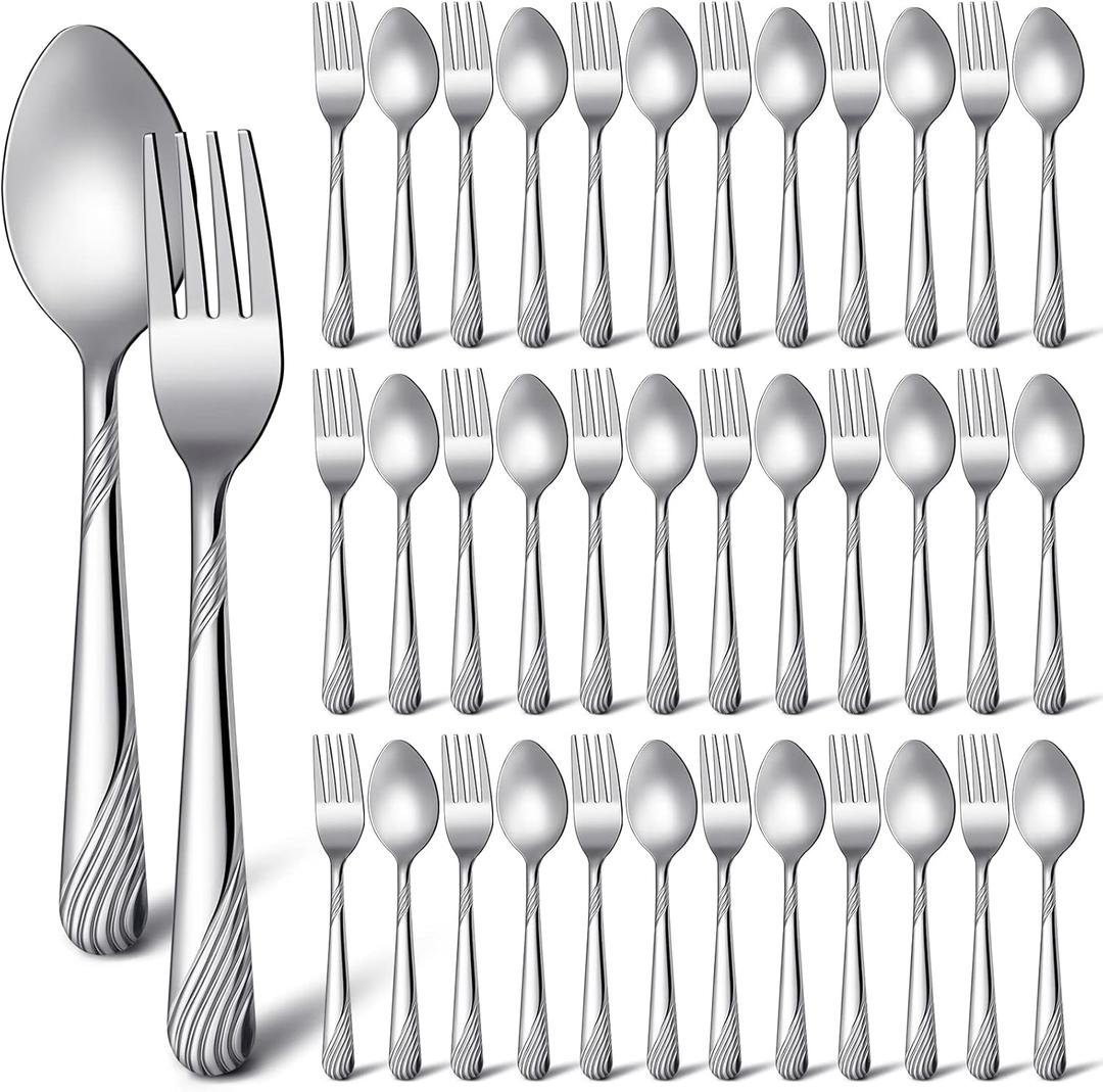 29 Pcs 10 Forks and 19 Spoons Silverware Set Stainless Steel Flatware Cutlery Set Heavy Duty Metal Spoons and Forks for Kitchen Utensil Dinner Restaurant Home, Mirror Polished, Dishwasher Safe(Stripe)