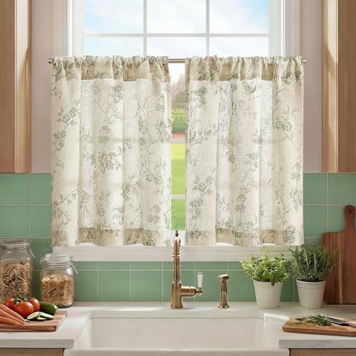 jinchan Floral Kitchen Curtains 30 Inch Linen Tier Curtains Farmhouse Cafe Half Window Drapes Over Sink Light Filtering Sage Green on Beige for Living Room Laundry RV Rod Pocket 2 Panels