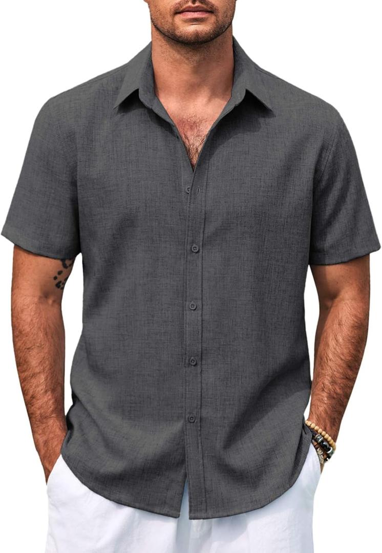 COOFANDY Mens Button Down Shirts Short Sleeve Casual Summer Beach Shirts for Men Vacation Wedding Linen Shirt (S)