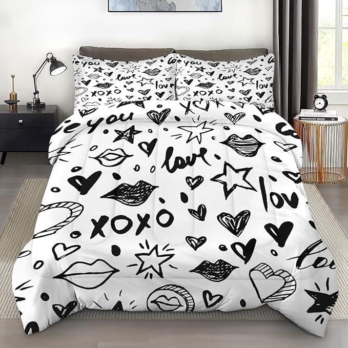 Pamnest Comforter Set Full Size, Black White Love Star Cute Soft 3 Pcs Bedding for Kids and Adults, Watercolor Vintage Comforter Set with 2 Pillowcases, for Bedroom Bed Decor