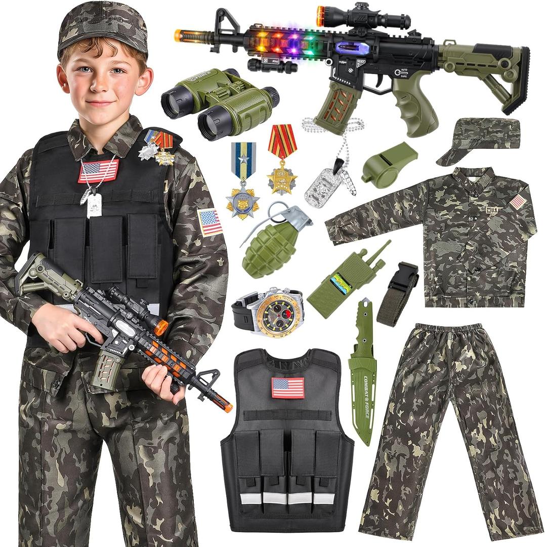 Metemot Kids Army Costume for Boys, Military Soldier Costume with Army Toys, Boys Halloween Costumes with Army Vest, Soldier Boy Dress up Costumes for Play Age 3-12, Halloween Birthday Gift for Kids, Size Large
