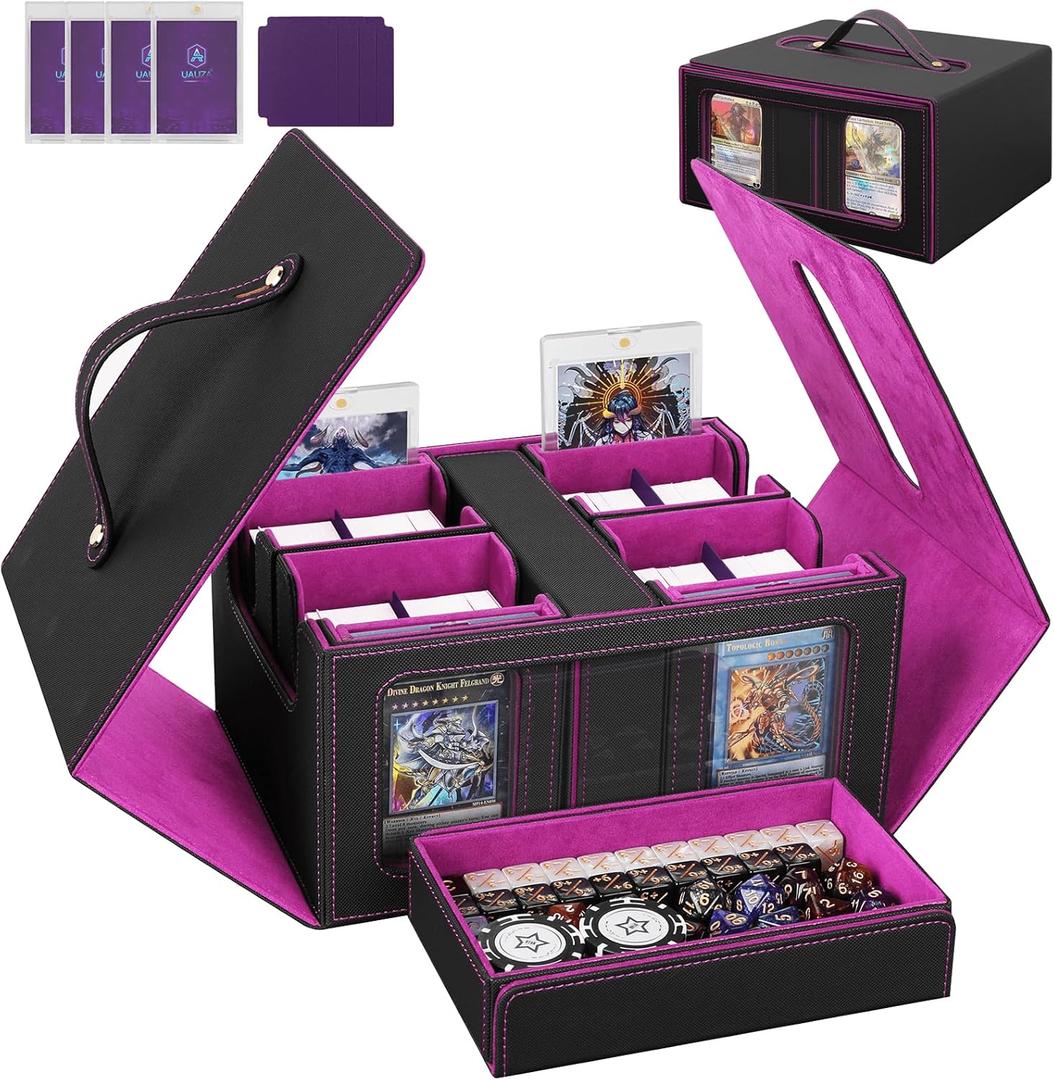 Card Deck Box for MTG with Commander Display, 5 in 1 Card Storage Box Fits 400+ Double-sleeved Cards, Deck Case for TCG Cards with Dividers, Dice Tray, Magnetic Card Holders, Black Purple