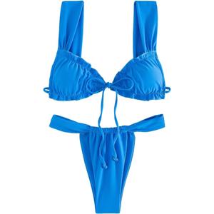 Women's Two Piece Swimsuits Frill Trim Tie Front Bathing Suit Wide Straps High Cut Sleeveless Bikini Sets (Medium, Blue)