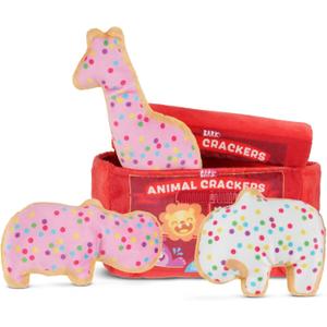 Barkbox Animal Squeakers Multi-Part Dog Toy  4-in-1 Plush Toy Set with Treat-Hiding Crinkle Box & Three Squeaky Cookies  Fun Play for X-Small to Small Dogs