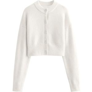 FindThy Womens Cropped Cardigan Sweater Crewneck Solid Color Long Sleeve Button Down Knitted Outerwear Top (White, S)