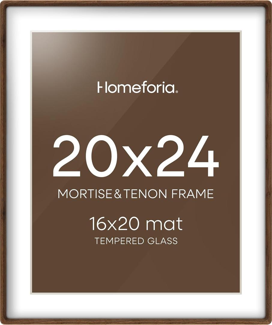 Homeforia 20x24 Frame Brown Wood, Mortise & Tenon Walnut 20 x 24 Picture Frames with Mat 16 x 20 for Wall, 24x20 Dark Wooden Poster Frame Matted to 16x20 inch Photo, Tempered Glass, Wall Kit, Set of 1