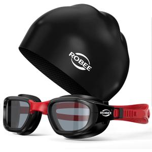 Robee Swimming Goggles, Adult Polarized Swim Goggles for Men Women Youth, Water Pool Glasses (Black/Red, Smoke, Polarized + Cap)