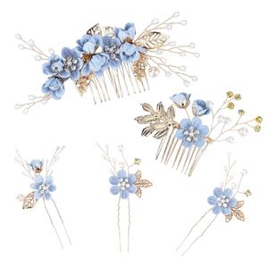 5PCS Bridal Hair Comb, Wedding Headpiece for Bride, Blue Flower Rhinestone Hair Clips For Women Girls Bride Bridesmaids Prom Wedding Party