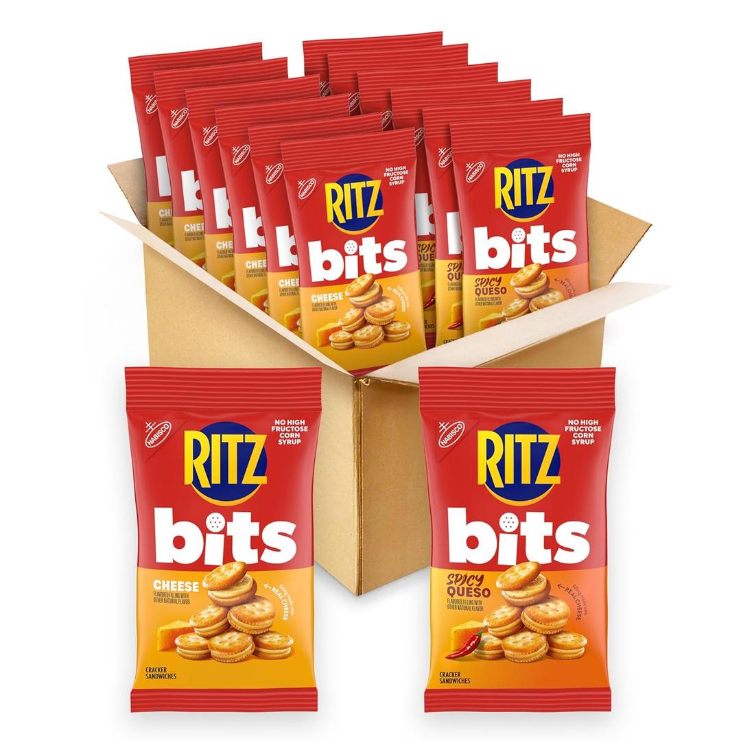RITZ Bits Cheese and Spicy Queso, Sandwich Crackers Variety Pack, Snacks for Kids and Adults, Lunch Snacks, 12-3 oz Bags, Best Before: 02/JUL/26