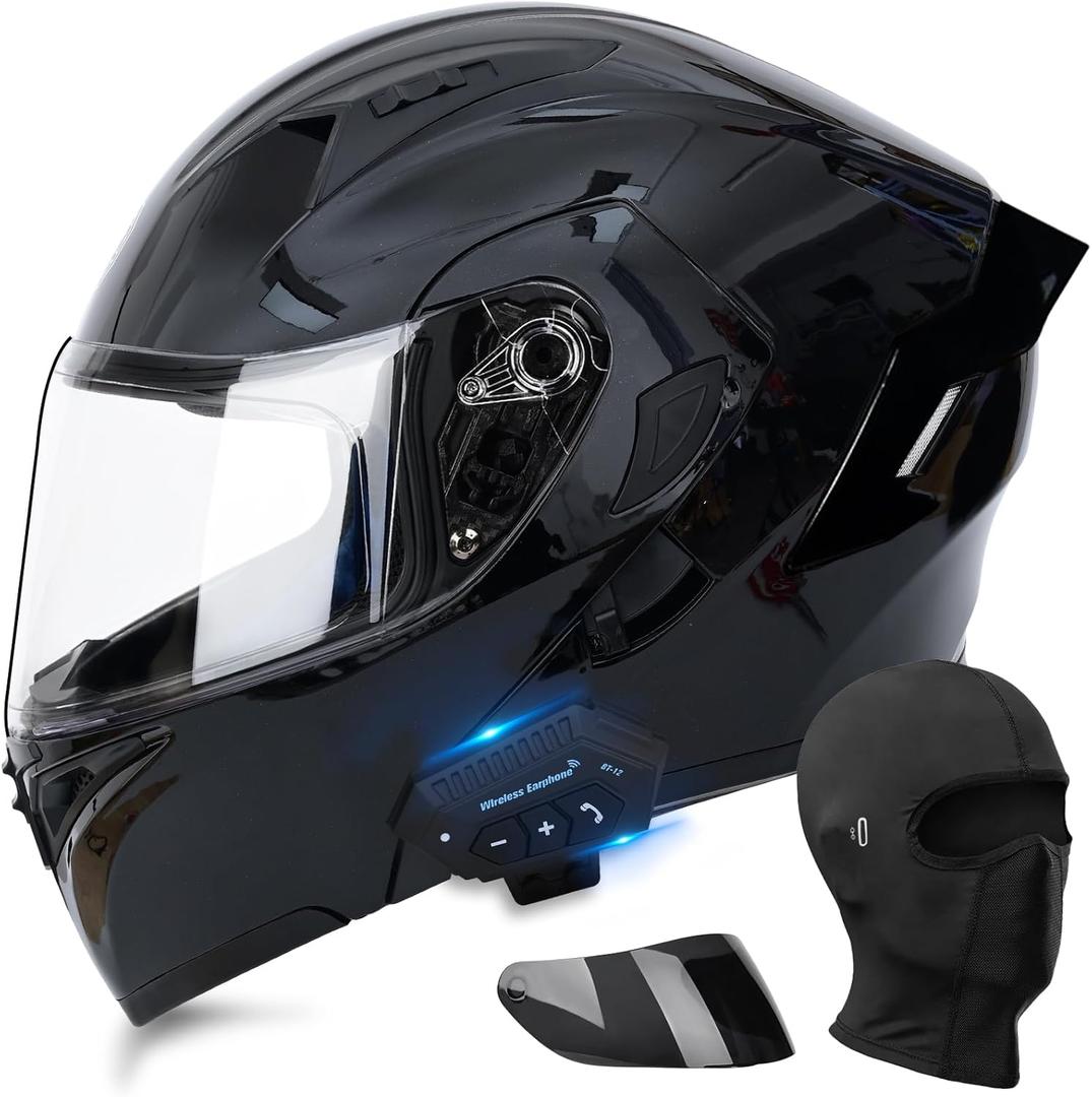 Motorcycle Bluetooth Modular Helmet, DOT Approved Dual Visor Full Face Flip Up Bluetooth Integrated Motorcycle Helmet for Adults Men and Women