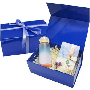 AuroWish Blue Gift Box, 2 Pack - Large 12.5 x 8.5 x 4.75 Inches, Collapsible with Magnetic Lid & Ribbons, Ideal for Christmas, Bridesmaid Proposal, Wedding, Birthday