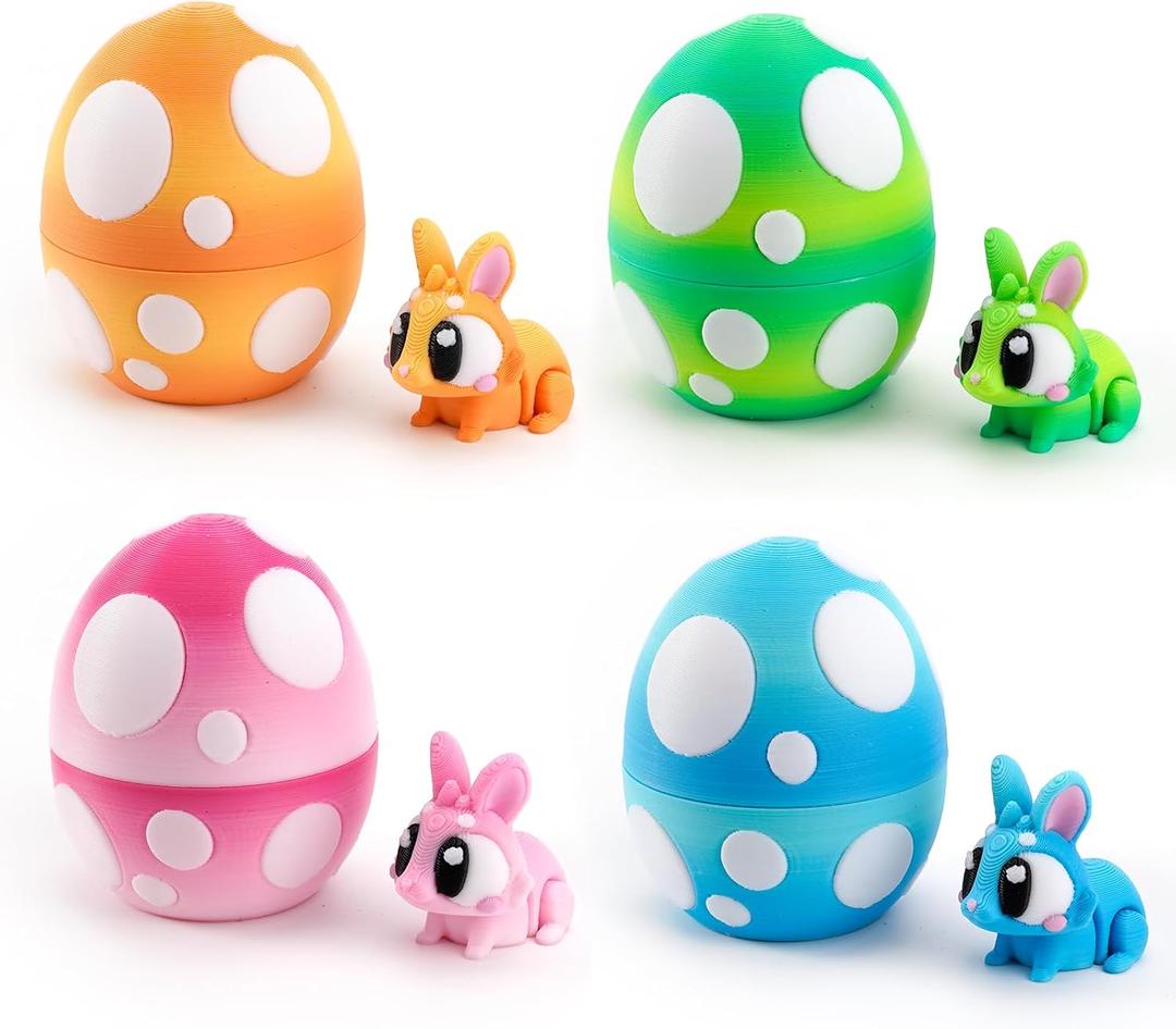 4PCS Easter Eggs Set with Bunny Inside, 3D Printed Poseable Rabbit Fidget Toys, Easter Basket Stuffers for Kids Egg Hunt Party Favors