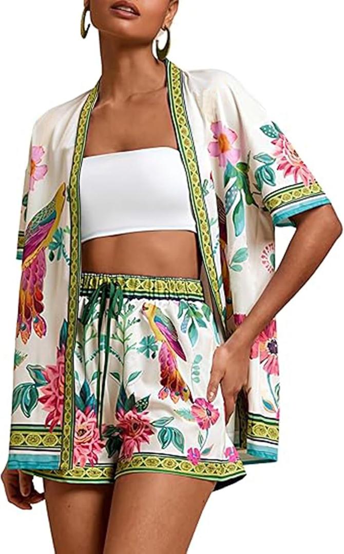 TUREAU Women Boho Tropical Print Beach Cover Up Shorts Set 2 Piece Summer Lounge Outfit Lightweight Swimwear Matching Outfit (Medium, 03green)
