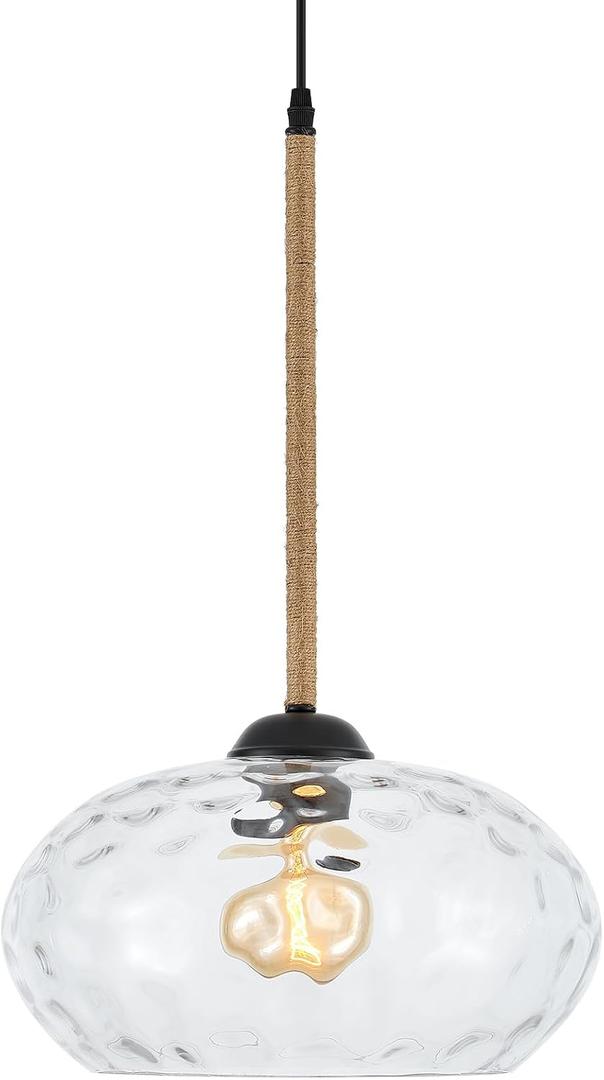 13” Large Hammered Glass Pendant Light Rattan Modern Industrail Chandelier for Kitchen Island Dining Room Hallway, UL Listed