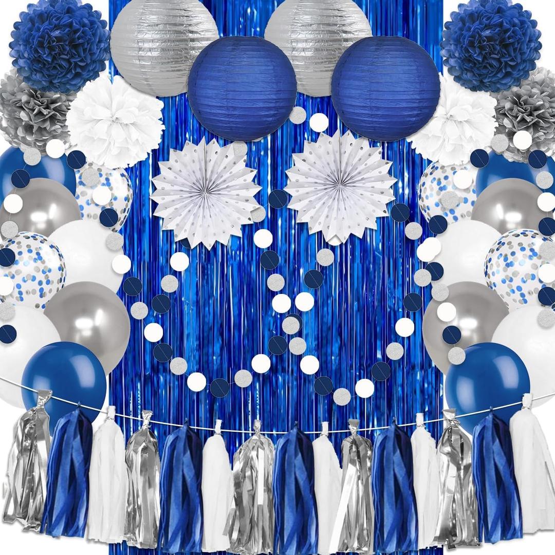 Navy Blue White Silver Party Decorations,46pcs Kit Balloon Paper Pompom Tassel Garland Men Blue and Silver Graduation Decorations Wedding Baby Bridal Shower Birthday Decor