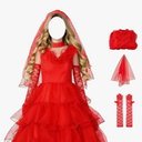 Halloween Gothic Women Red Wedding Dress Costume Tulle Skirt Vintage Goth Cosplay Party Outfits with Veil Gloves, Red, S