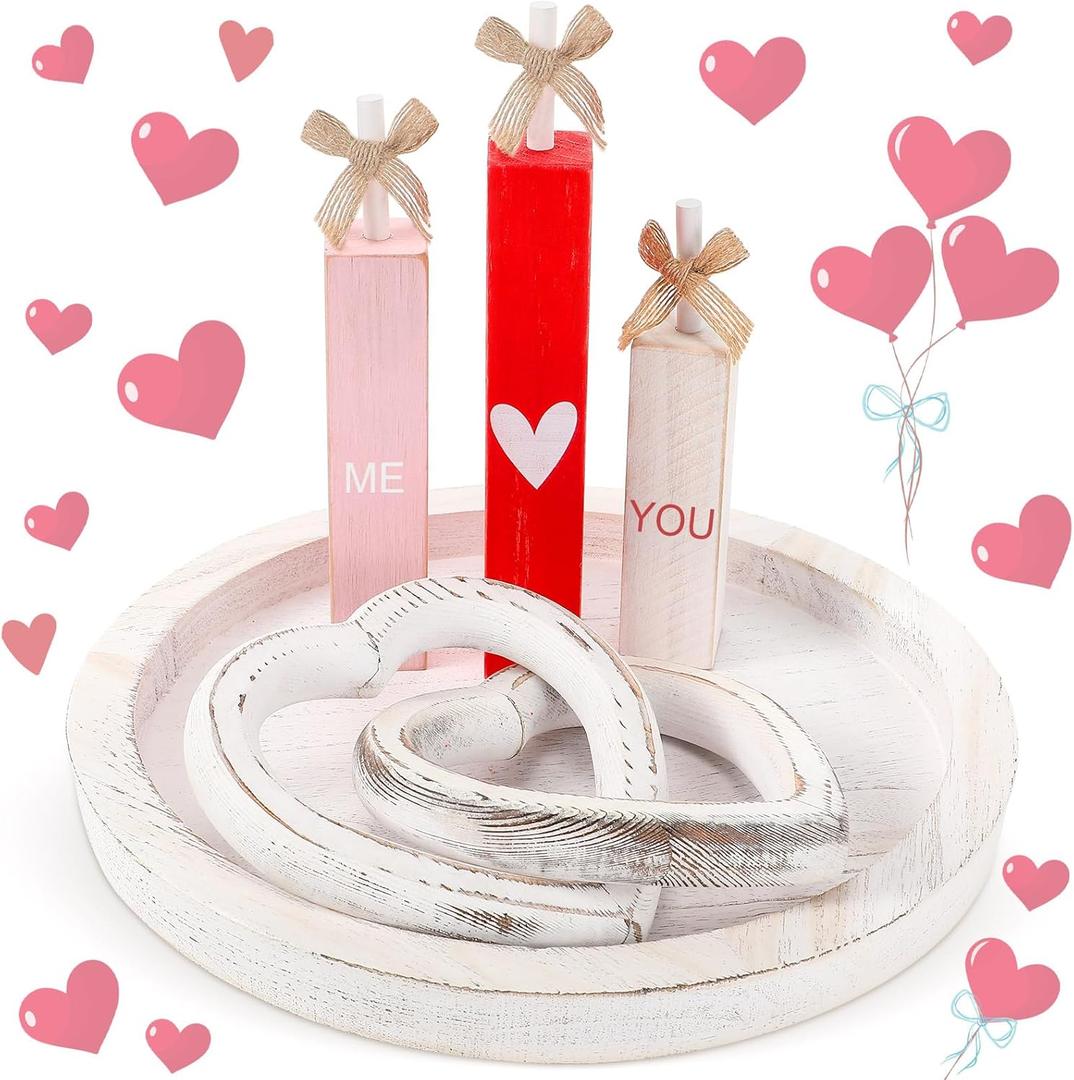 5 Pcs Vintage Valentine's Day Table Decorations Set Rustic Round Wood Tray Decor, Red Pink Wooden Table Block Signs, Heart Sculpture Ring, Tabletop Centerpiece for Shelf Farmhouse Home
