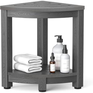 Y&M Corner Shower Stool for Inside Shower, Waterproof Shower Caddies for Shaving Legs, 2-Tier Bath Bench with Storage Shelf for Bathroom, Living Room, Indoor or Outdoor Use, Grey
