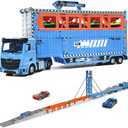 78 Inch Foldable Extended Carrier Truck Race Track Playset with Portable Storage Box 8 Die-Cast Cars, Multi-Functional Transport Truck Toys for Toddlers Ages 3-8