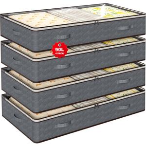 90L Under Bed Storage Containers,4-Pack Closet Organizers and Storage Bins,for Organization and Storage Clothes, Shoes, Blankets & Pillows,Visible Transparent Top Storage Bins with Lids, Grey
