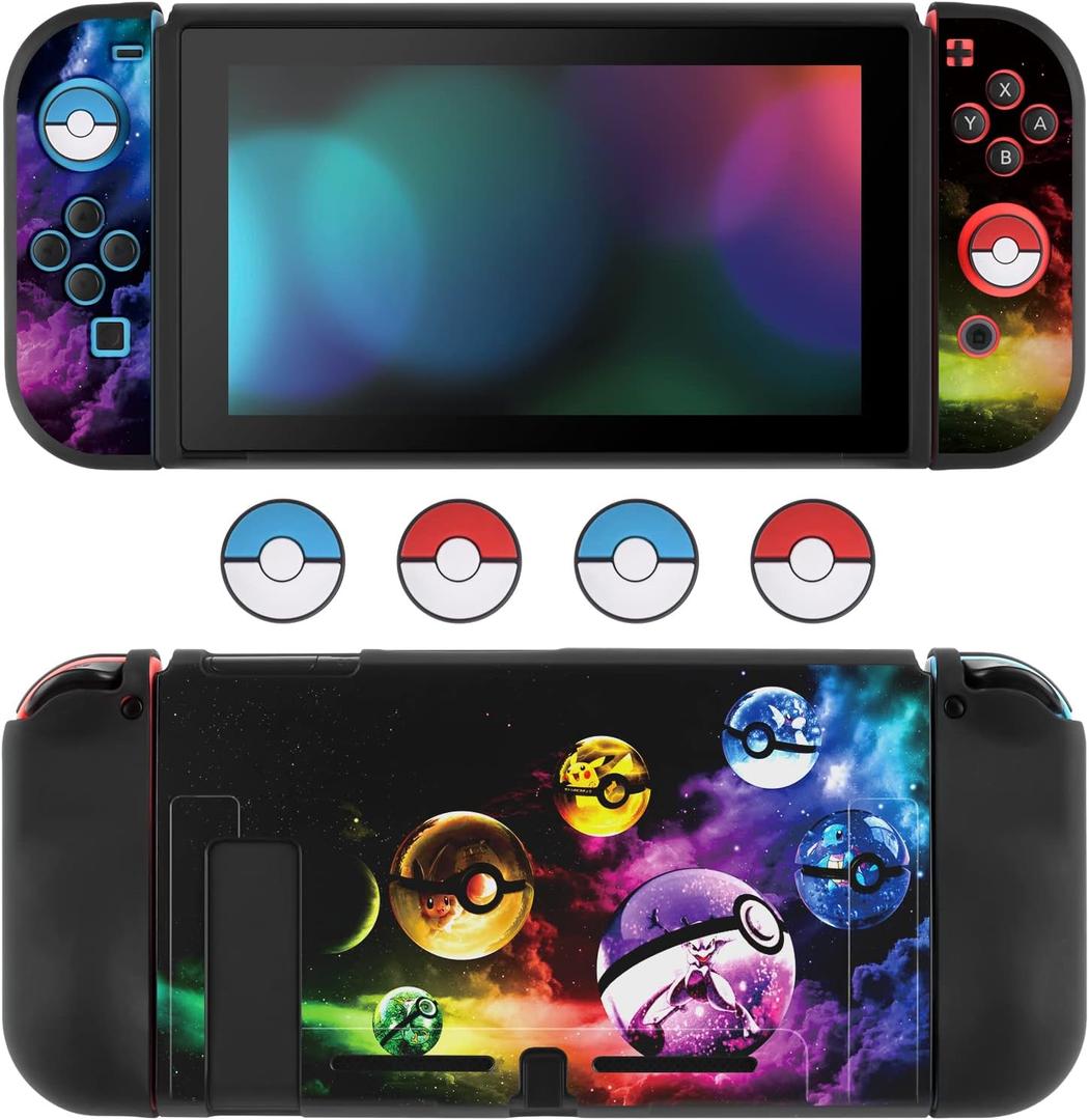DLseego Cartoon Balls Switch Protective Case Cool Soft TPU Shell Shockproof Scratch Resistant Cover Joy-C Japanese Amine Skin with 4PCS Blue and Red Balls Thumb Grips Caps for Switch 2017