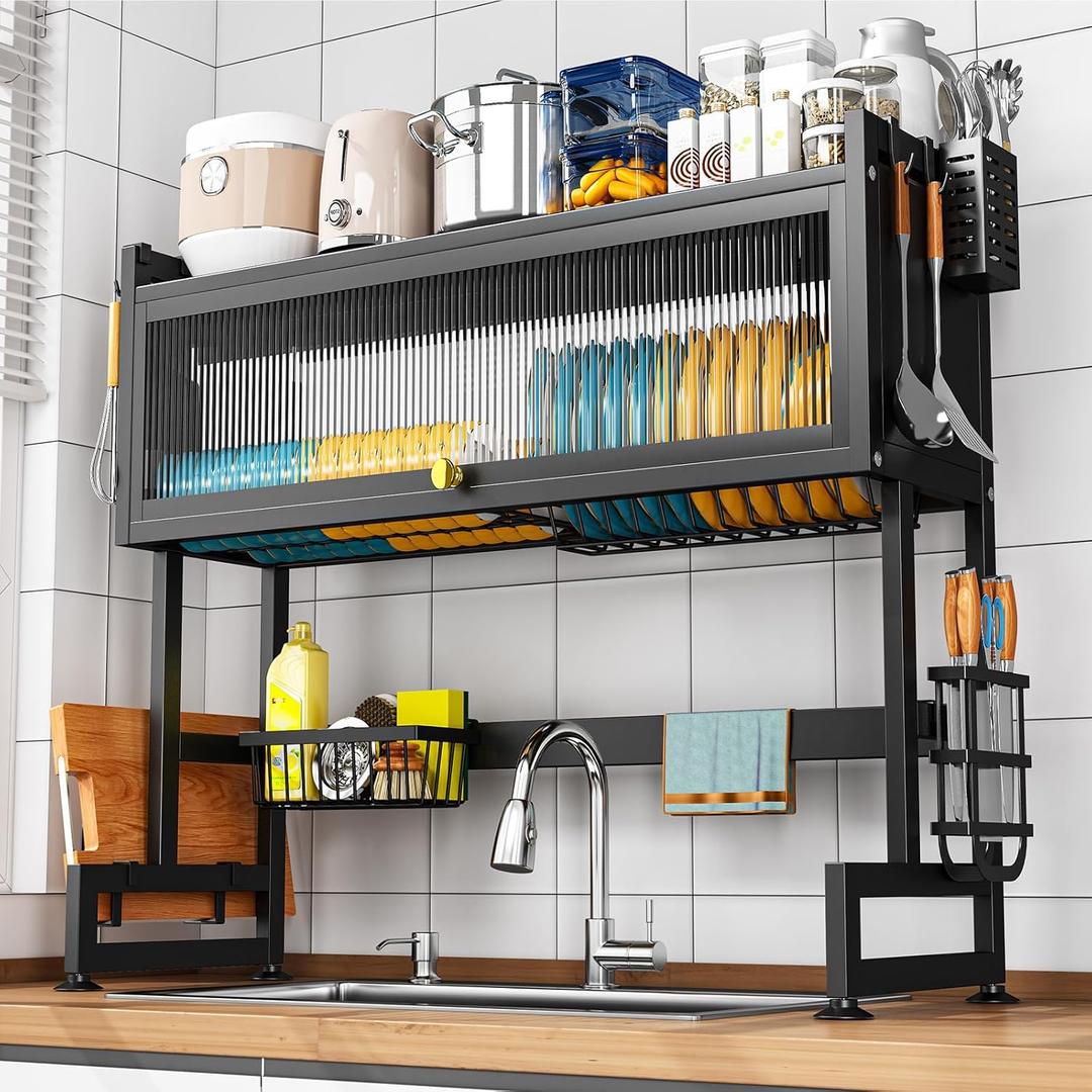 SNSLXH  2-Tier Over The Sink Dish Drying Rack, 33.66"31.1"11.81", Large Sink Rack for Kitchen, Saving Kitchen Space, Cover Design Holds Dishes, Bowls, and Cutlery, Kitchen Sink Shelf