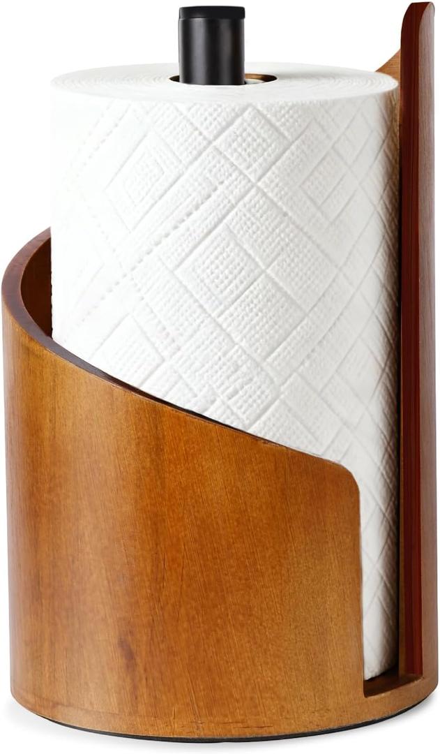 Paper Towel Holder - 100% Natural Wood, Wooden Wood Stand with Iron Base, Wooden Paper Towel Holder for Kitchen, Desktop, Cabinet (Brown)