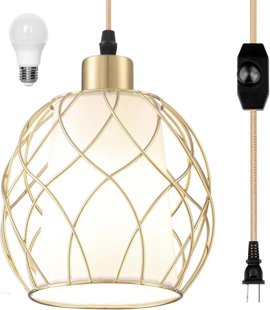 Plug-in Pendant Light, Hanging Lamp with Linen Shade, 15ft Golden Cotton Cord, Plug-in Light Fixture for Bedroom (Bulb Included)