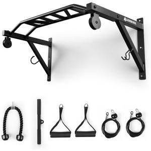 LIONSCOOL Multifunctional Wall Mounted Pull Up Bar with Pulley System, 48" and 16"/24" Multi-Grip Chin Up Bar, Cable Pulley Attachments Included, Perfect for Upper Body Workouts