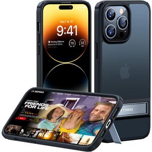 TORRAS MarsClimber for iPhone 14 Pro Case with Stand, [3 Stand Ways Metal Kickstand] [8FT Military Grade Drop Tested], Protective Slim Translucent Matte iPhone 14 Pro Phone Case for Women Men, Black