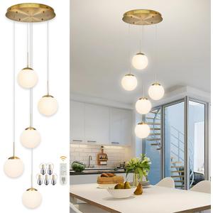 KoKo&Yukina 5-Light Globe Glass Pendant Light Adjustable Length Pendant Lights Fixtures Modern Gold Chandelier with Milky White Glass Ceiling Lights for Foyer Hallway Bedroom (Bulb & Remote Incl.), 5-light, D13.7"