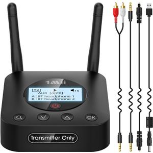 1Mii B06TX+ Long Range Bluetooth 5.3 Transmitter for TV/PC/Projector to 2 Wireless Headphones/Speakers, Bluetooth Adapter for TV w/Screen Display, Plug n Play, aptX Low Latency & Adaptive & HD Audio