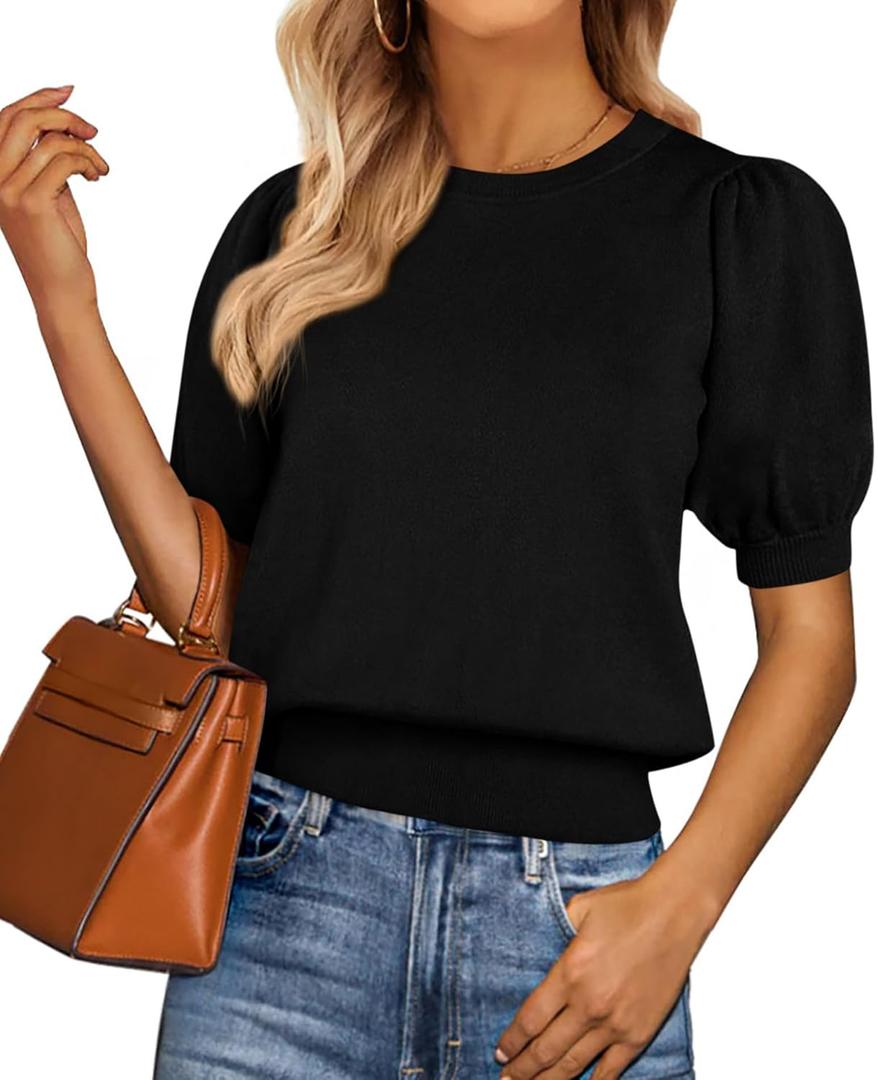 PRETTYGARDEN Women's Sweaters Spring 2026 Summer Puff Short Sleeve Sweater Trendy Cute Knit Work Blouses Business Casual Tops (Black, L)