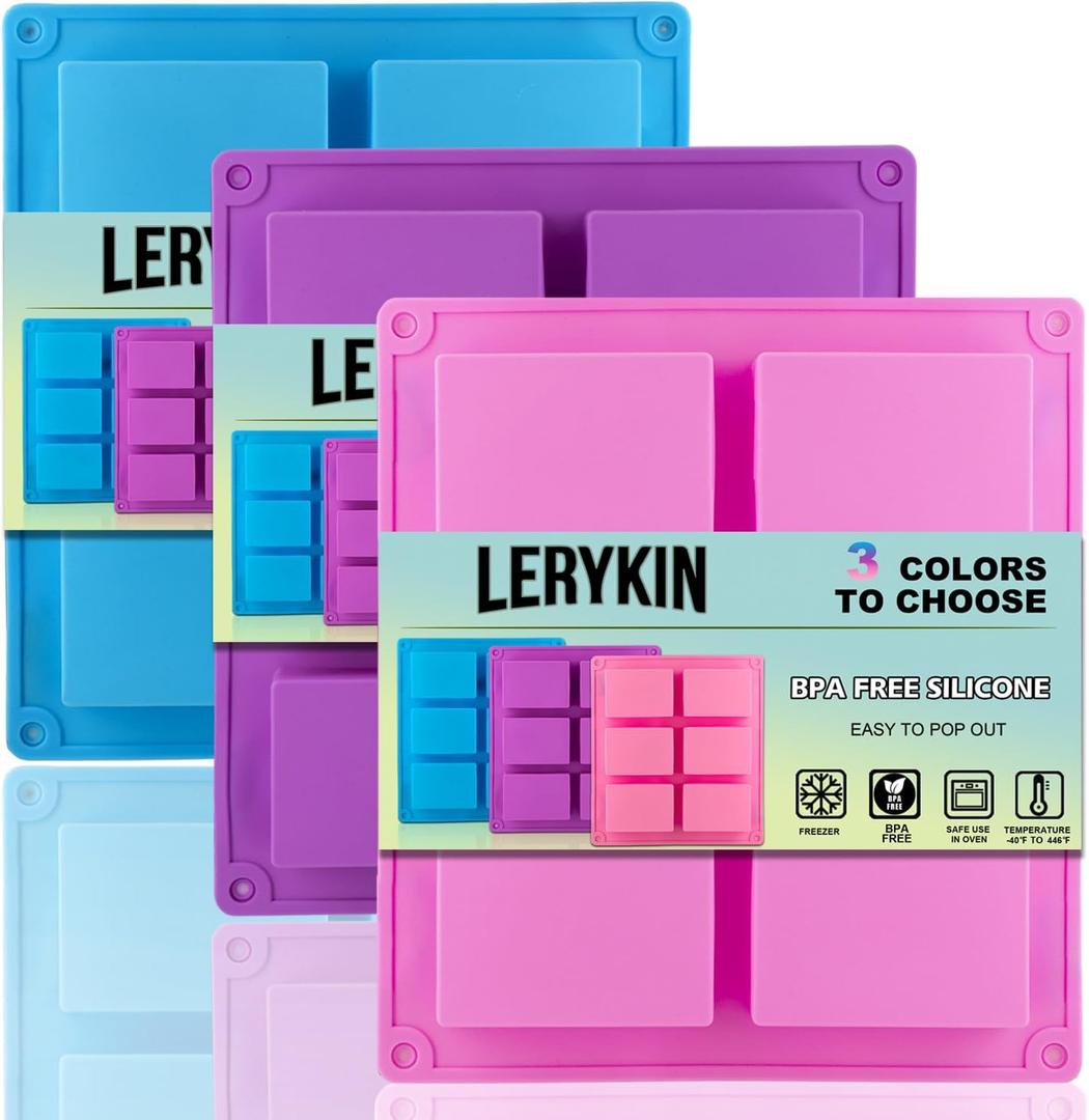 LERYKIN 3 Pack Silicone Soap Molds, 6 Cavities Rectangle Silicone Mold, Great for Homemade Craft Soap Mold, Chocolate, Cake Molds Ice Cube Tray - Just Pop OutPink & Blue & Purple