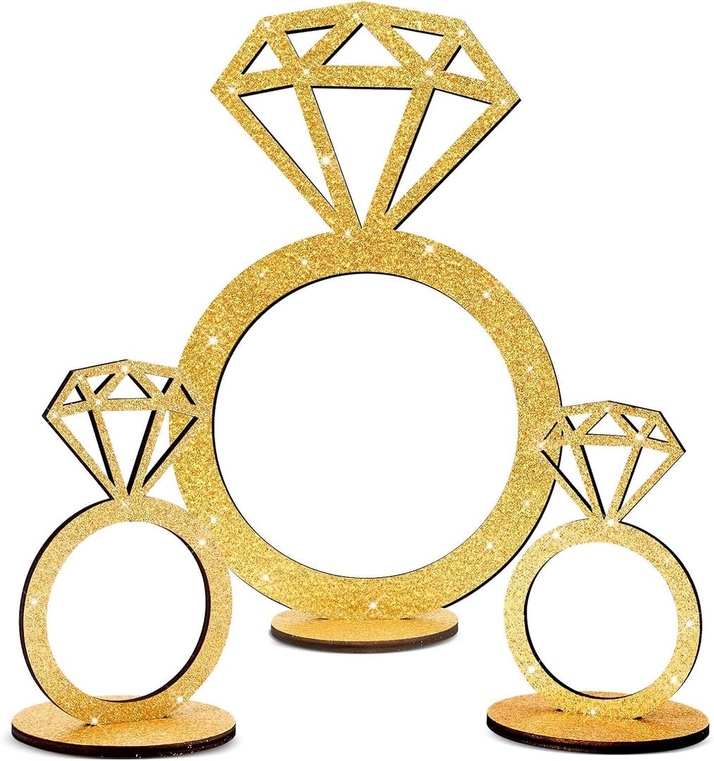 3 PCS Bridal Shower Centerpieces for Tables Diamond Ring Sign Table Centerpieces Gold Glitter Wooden Diamond Ring Sign Decor for Wedding Anniversary Supplies Batcholette Engagement Party