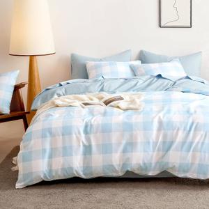Wake In Cloud - Gingham Comforter Set, Plaid Buffalo Check Checkered Cottagecore Cute Geometric, Soft Lightweight Bedding, 3 Pieces, Light Blue White, Twin/Twin XL Size