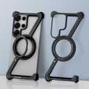 Z Metal Case for Samsung Galaxy S25 Ultra Frameless Aluminum Alloy Bumper with Magnetic Kickstand, Minimalist Shockproof Slim Hard Cool Cover with 360Rotating Ring Holder Stand for Men, Black