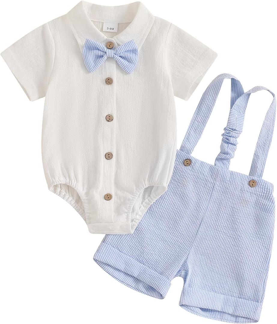 Vicaankue Newbron Baby Boy Summer Outfit Cotton Linen Button Short Sleeve Bowtie Shirt Romper Suspender Shorts Set (Sky Blue, 6-9 Months)