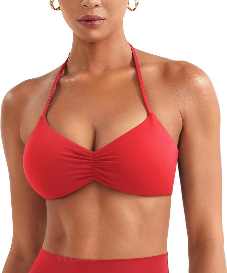 YEOREO Halter Sports Bras for Women Adjustable Strappy Open Back Impact Removable Pads Deep V Bra Workout Gym Yoga Crop Top (Small, Red)