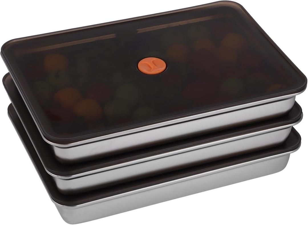3 Pcs Stainless Steel Food Storage Containers, Stackable Square Dumpling Plate with Clear Lid, Leak-Proof & Space Saving, Ideal for Fridge, Kitchen & Picnic Food Storage