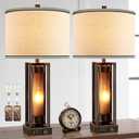 Rustic Table Lamps for Living Room Set of 2 with USB C+A Ports, Farmhouse Vintage Nightstand Lamp with Amber Night Light, Retro Desk Lamp for Bedroom, 4 Bulbs Included (Brown)