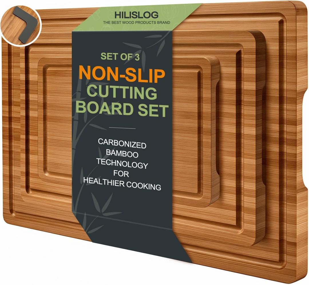 3 Pack Bamboo Cutting Board Set with Non Slip Solid Wood Cutting Boards Non Toxic Chopping Board for Kitchen Small Cutting Board Non Plastic Charcuterie Boards Meat Healthy Bread Cutting Board Sets