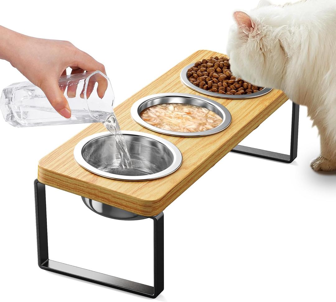 Elevated Cat Bowls with 3 Stainless Steel Bowls | 10 Tilted Anti-Vomiting Raised Cat Food Bowl for Small Cats and Puppies Pet Bowl with Stand (Bamboo)