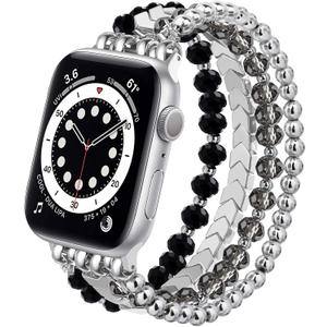 MOFREE Beaded Bracelet Compatible with Apple Watch Band 38mm/40mm/41mm/42mmSeries 10 9/8/7/SE/6/5/4/3/2/1 Women Fashion Handmade Elastic Stretch Strap for iWatch Bands Replacement (Black-Silver)