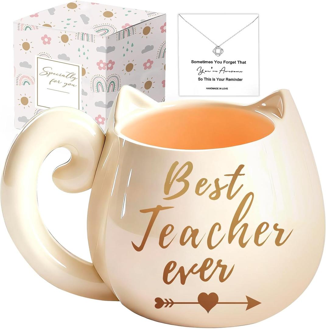 Best Teacher Ever Coffee Mug for Women 11 Oz Ceramic Cup with Exquisite Necklace for Retirement, Valentine's Day, Graduation, Christmas,Thank You Birthday End of Year