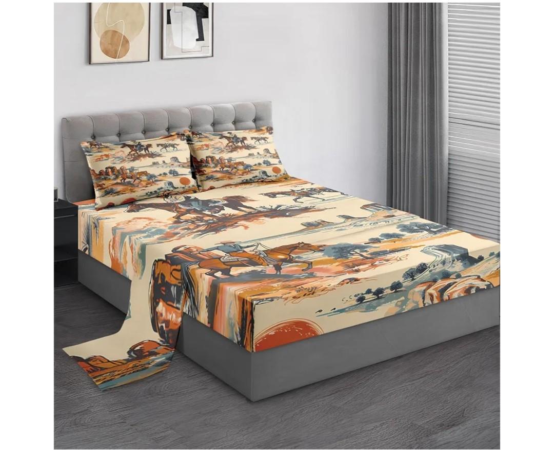 Full Size Bed Sheet Sets, Vintage Western Cowboy Soft Microfiber 4 Pcs Bedding Sets for Kids and Adults Bedroom Bed Decor, West Horse Desert Flat, Fitted Sheet and 2 Pillowcases