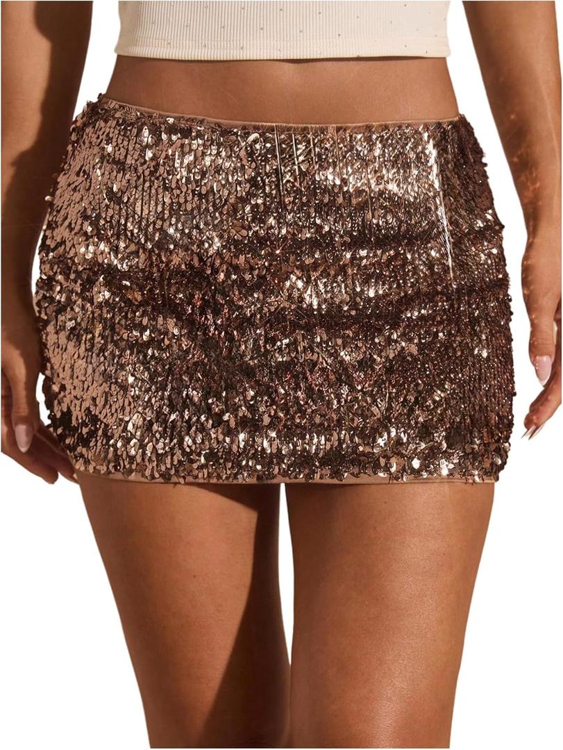 MakeMeChic Women's Sequin Sparkly Mini Skirt Low Waist Bodycon Party Night Out Skirts (Gold), XS 